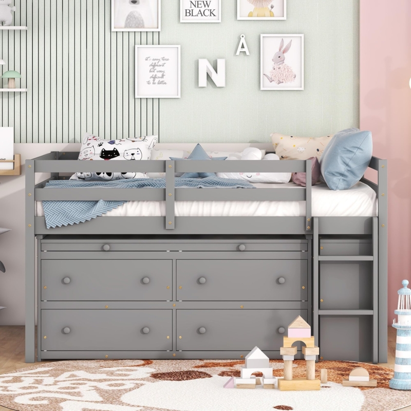 Gray Low Loft Bed with Four Drawers and Pull Out Desk Feature