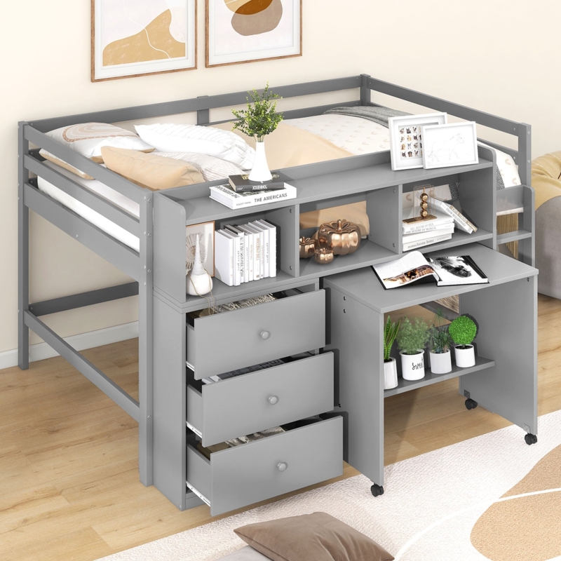 Gray Low Loft Bed with Rolling Portable Desk and Open Shelving