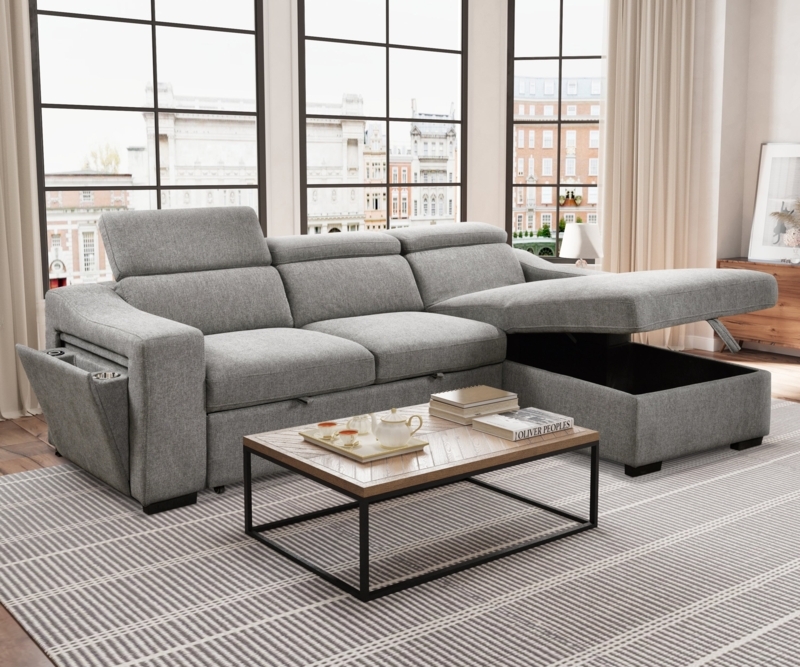 Gray Sectional Sleeper with Adjustable Headrests & Pull-Out Trundle