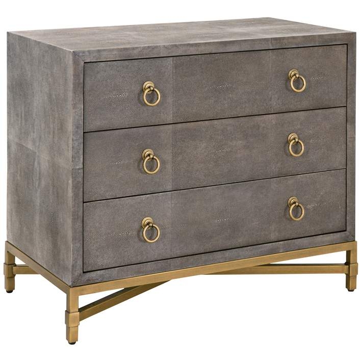 Gray Shagreen Nightstand: Gold Ring Pull Dresser with X-Base Frame