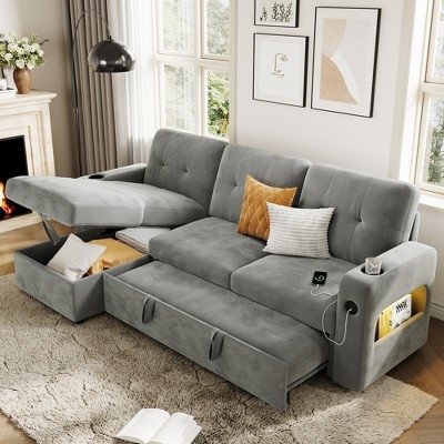 Gray Sleeper Sofa with USB Ports, Storage Chaise & Tufted Back