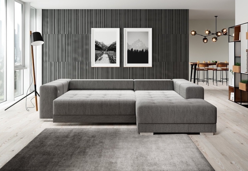 Gray Tufted Sectional Sofa: Low Profile with Quilted Square Tufting