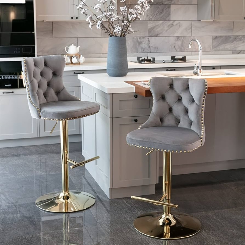 Gray Velvet Barstool Adjustable Gold Pedestal Nailhead Trim Tufted.