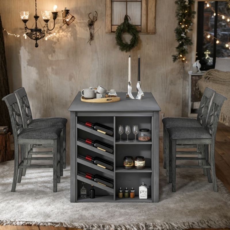 Gray Wine Rack Dining Set with X-Back Upholstered Chairs