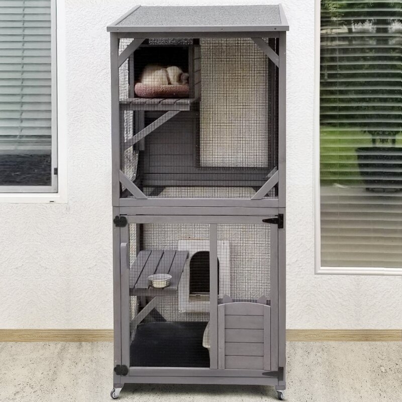 Gray Wood Cat Sanctuary Multi Tier with Rolling Casters
