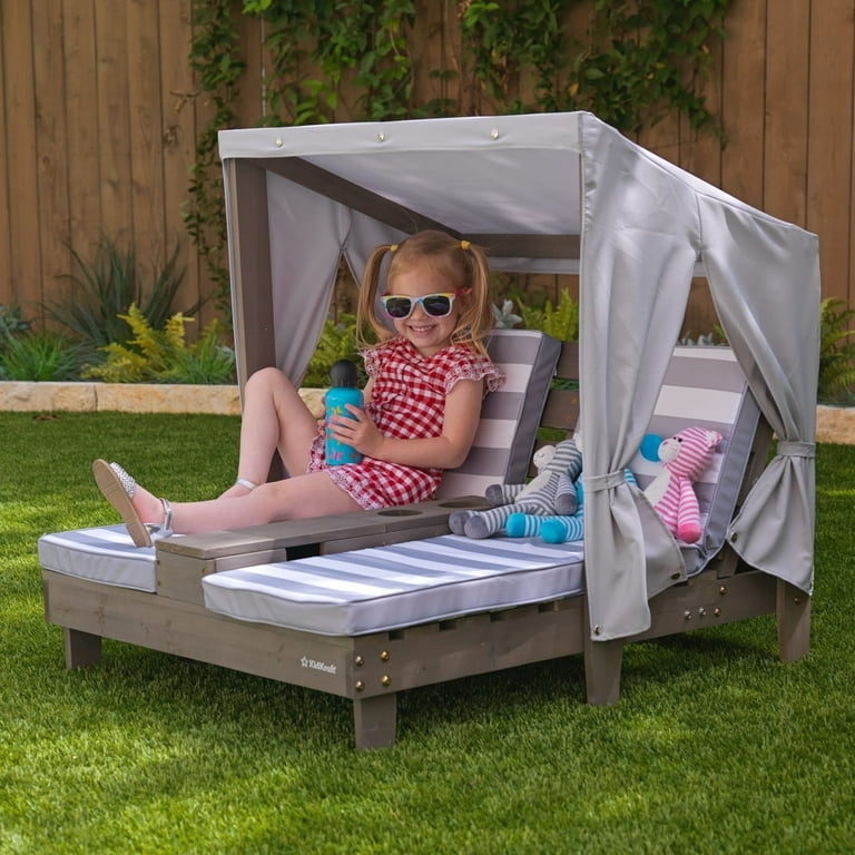 Gray Wood Double Chaise Lounge With Canopy Curtains