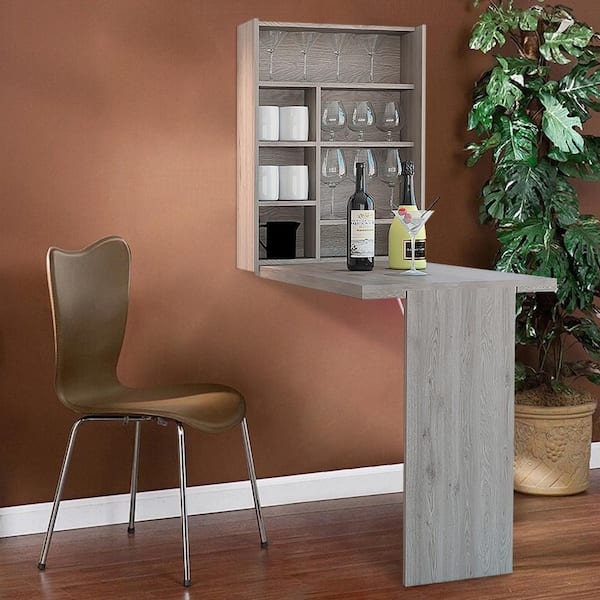 Gray Wood Folding Bar Table Stemware Slots Wall Mounted Compact Home Bar