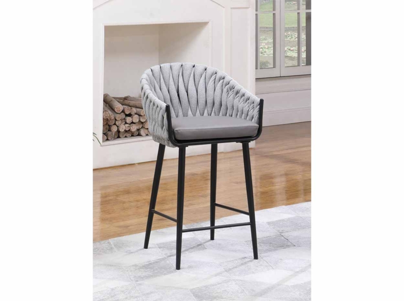 Gray Woven Bar Stool Braided Backrest Matte Black Frame Contemporary.