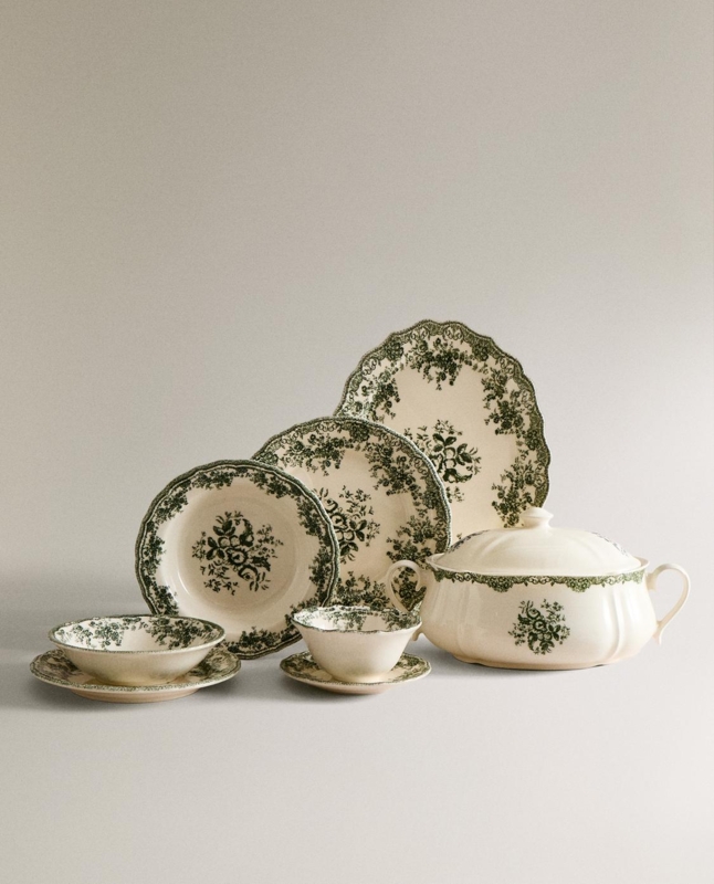 Green Floral Dinnerware Set, Earthenware with Lidded Tureen
