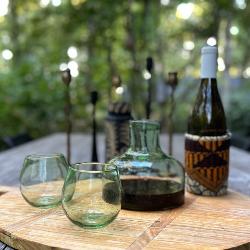 Green Wine Decanter Set, Handblown Glass with Stemless Glasses