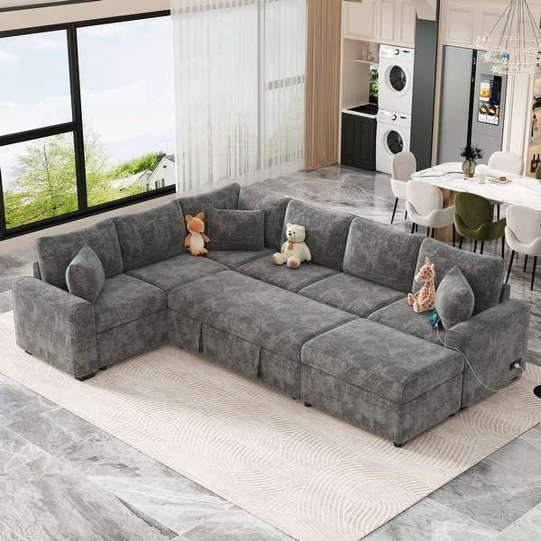 Grey Chenille Sleeper Sectional with Charging Port & Storage Ottoman
