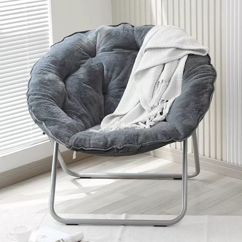 Grey Faux Fur Saucer Chair Silver Folding Oversized