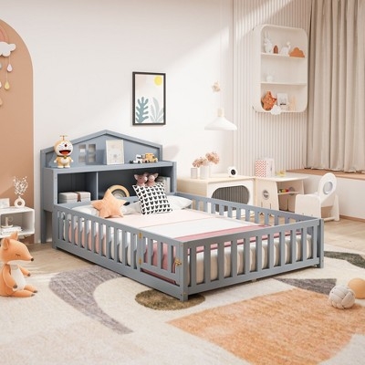 Grey Floor Bed with House Headboard, Shelving and Latching Gate