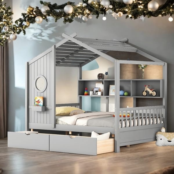 Grey House Bed with Integrated Shelving and Underbed Drawers
