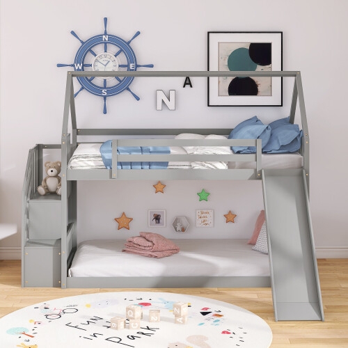 Grey House Bunk Bed Integrated Slide Staircase Storage Low Profile