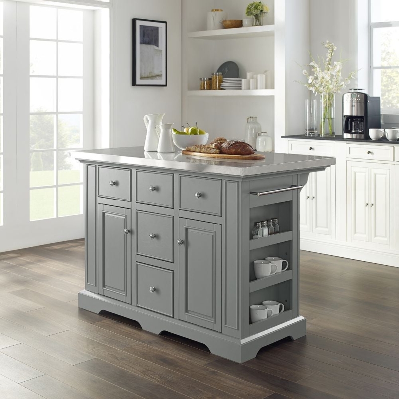Grey Kitchen Island Stainless Top Arched Toe Kick Base