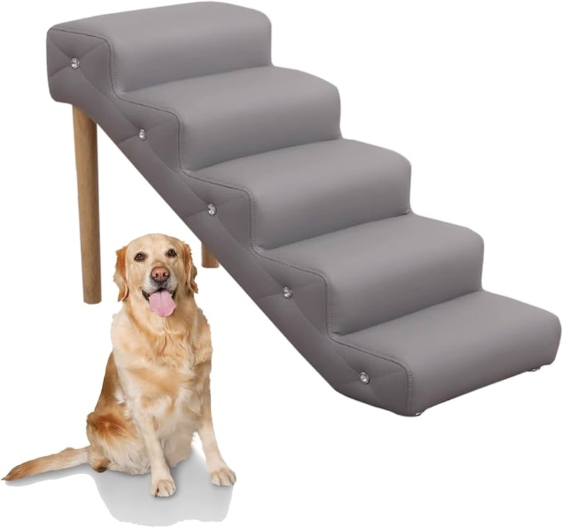 Grey Leather-Like Pet Stairs Rhinestone Tufting 5-Step Glam Style