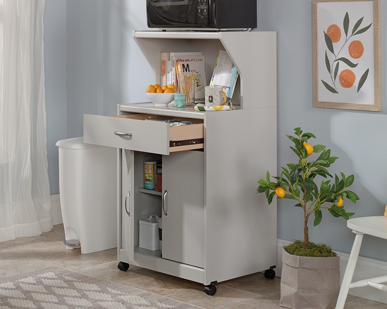 Grey Microwave Cart with Angled Hutch Sides and Drawer