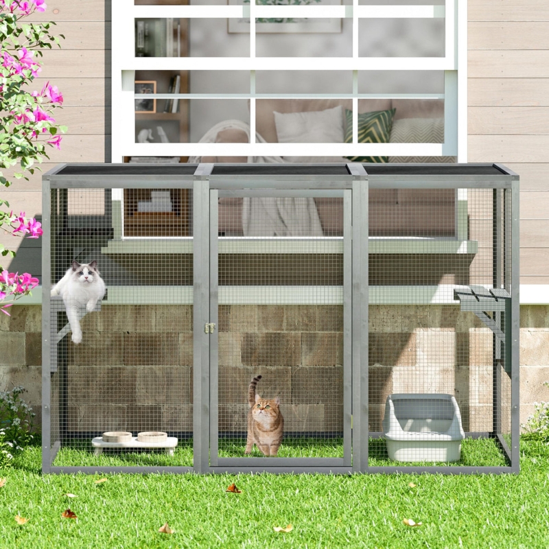 Grey Outdoor Cat Enclosure Stained Wood Frame Multi Level