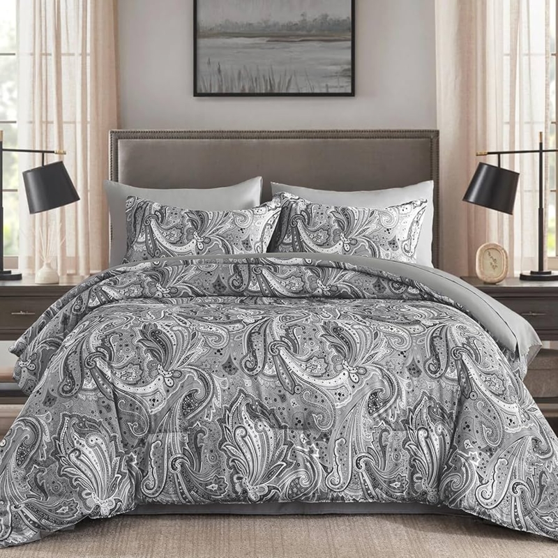 Grey Paisley Bedding: Intricate Pattern with Upholstered Headboard Bedroom