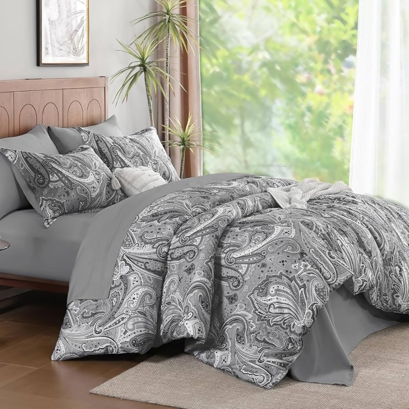 Grey Paisley Bedding Set: Boho Chic Style with Arched Paneling Detail