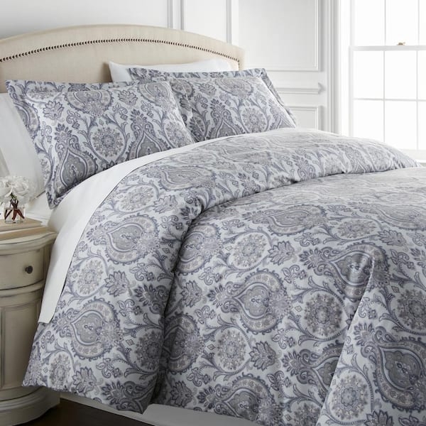 Grey Paisley Comforter Set: Nailhead Trim Headboard with Boho Chic Style