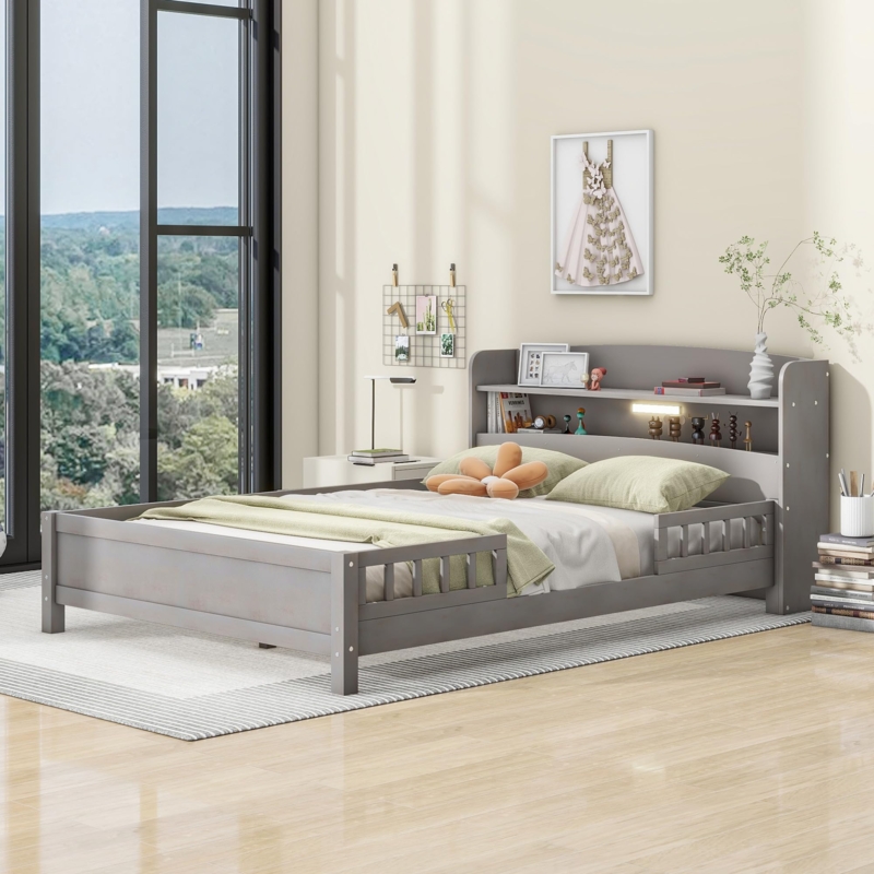 Grey Platform Bed with Integrated LED and Safety Rails