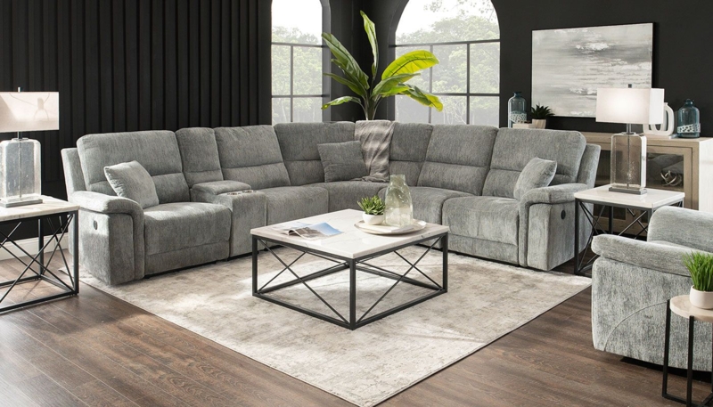 Grey Power Reclining Sectional with Console Cup Holders Pillow Arms