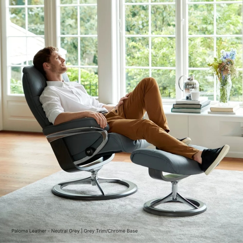 Grey Reclining Lounge Chair with Polished Chrome Circular Ring Base