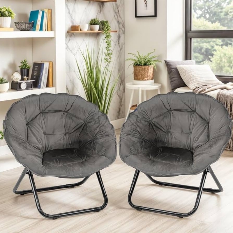 Grey Saucer Chair Scalloped Edge Tufted Folding Seat