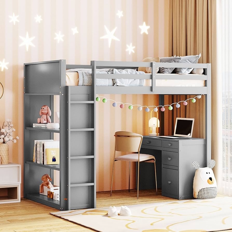 Grey Twin Loft Bed with Desk, Four Drawers and Three Tier Shelves