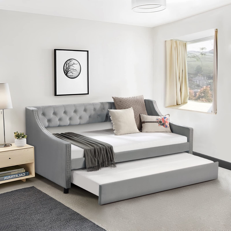 Grey Velvet Daybed with Slanted Arms and Nailhead Trim