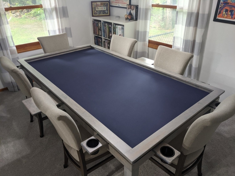 Grey Washed Board Game Table with Recessed Vault and Pull-Out Trays