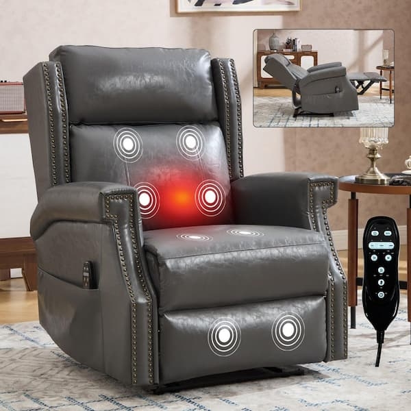 Grey Wingback Massage Recliner with Heat and Nailhead Trim