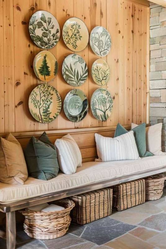 Grid Layout Decorative Plates on Wood Paneling with Botanical Prints