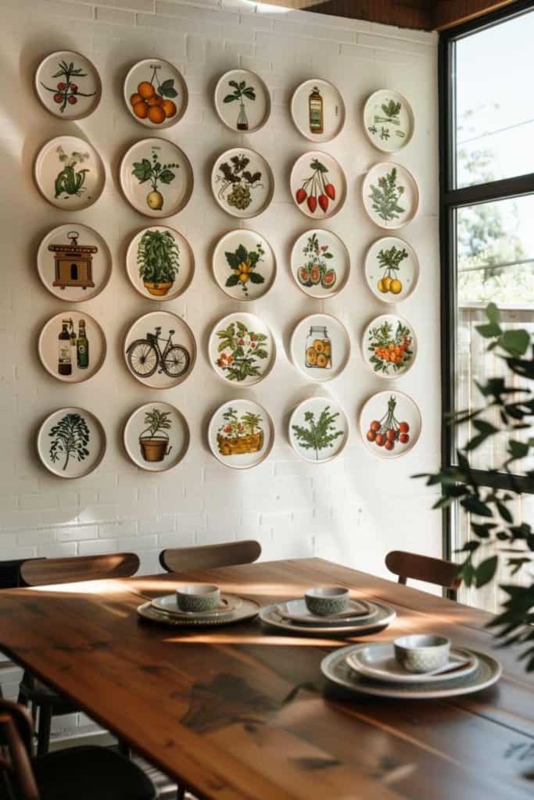 Grid Wall Art Arrangement of Decorative Plates on White Brick Backdrop