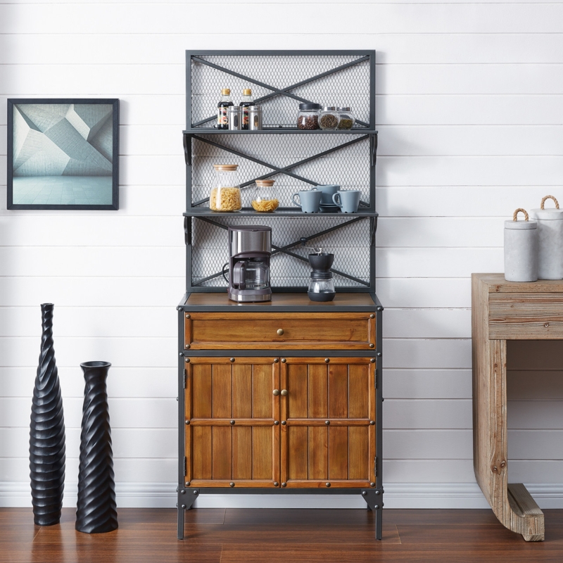 Gunmetal Bakers Rack with Mesh Backing & Studded Pine Cabinet