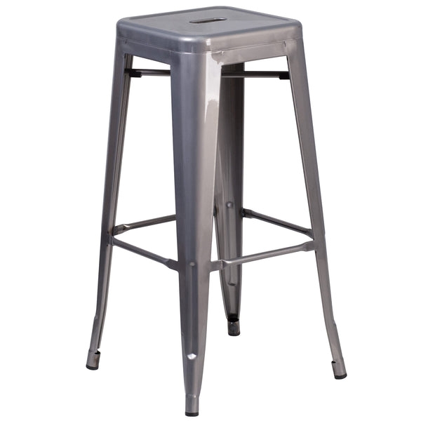 Gunmetal Grey Bar Stool Clear Coated Metal Backless Kitchen Seating Handle
