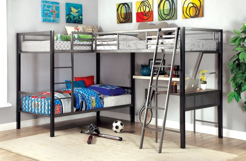 Gunmetal L-Shaped Triple Bunk Bed with Mesh Safety Rails and Desk