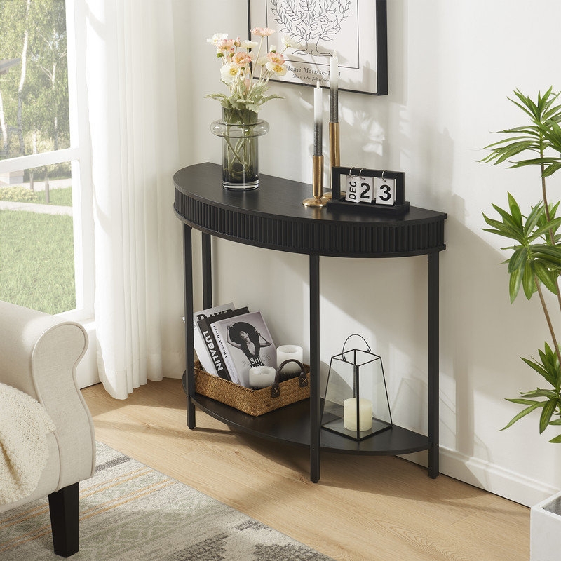 Half Moon Console Table with Textured Fluted Apron in Matte Black