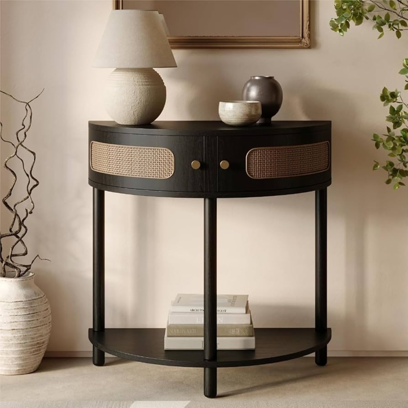 Half Moon Console Table with Woven Rattan Inlays and Brass Knobs