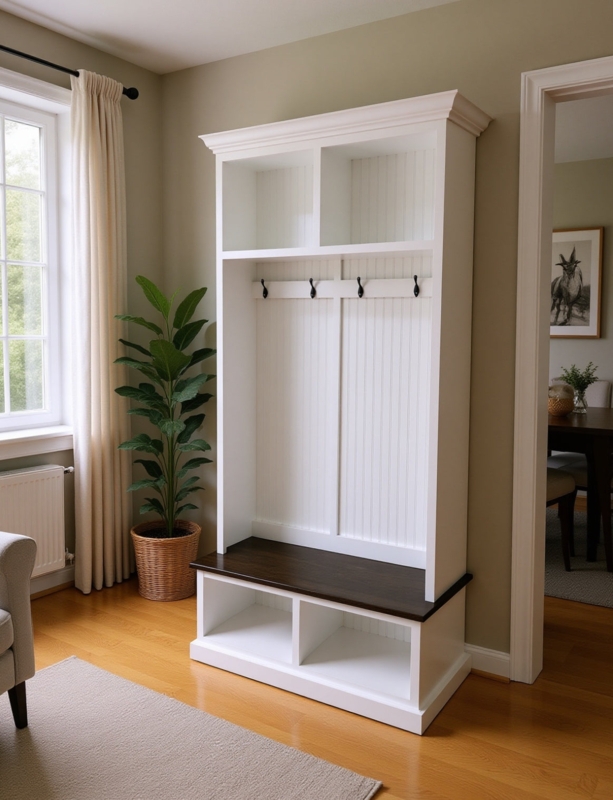 Hall Tree Crisp White Finish with Beadboard Backing and Hooks