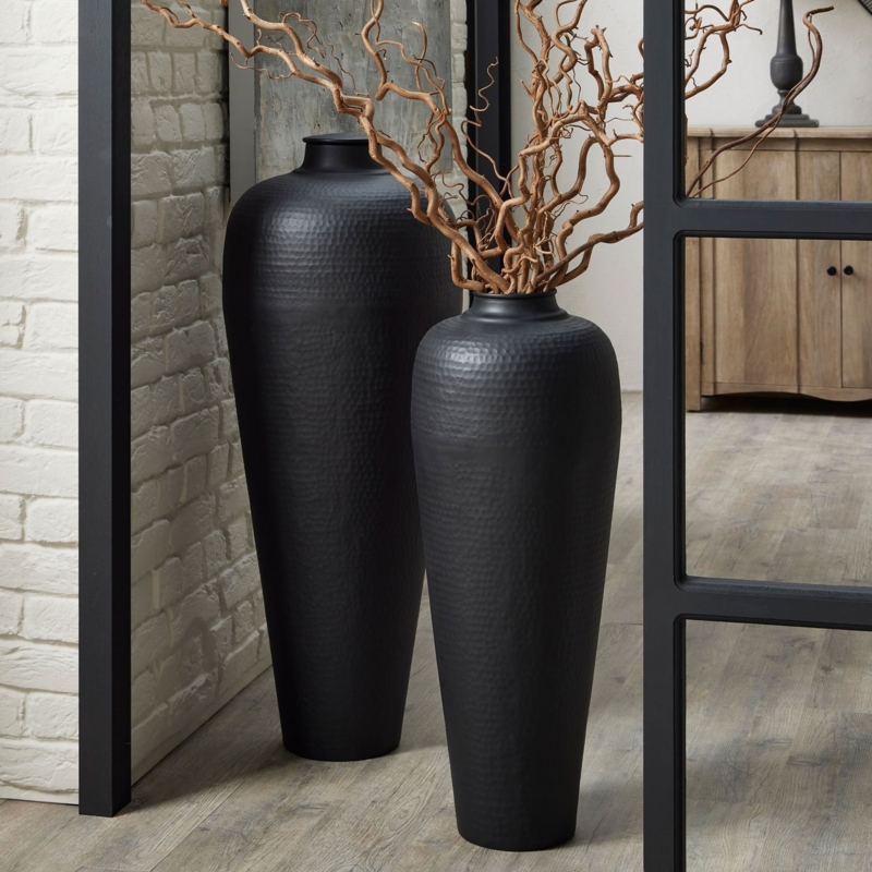 Hammered Matte Black Floor Vases Tapered Silhouette Industrial Deco