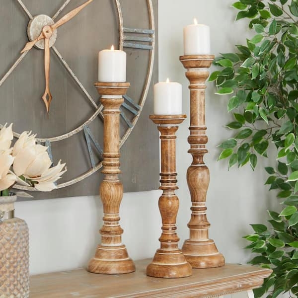 Hand-Carved Wooden Candlesticks, Whitewashed Turned Spindle Design