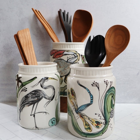 Hand-Painted Ceramic Crock with Nature Motifs and Ribbed Rim