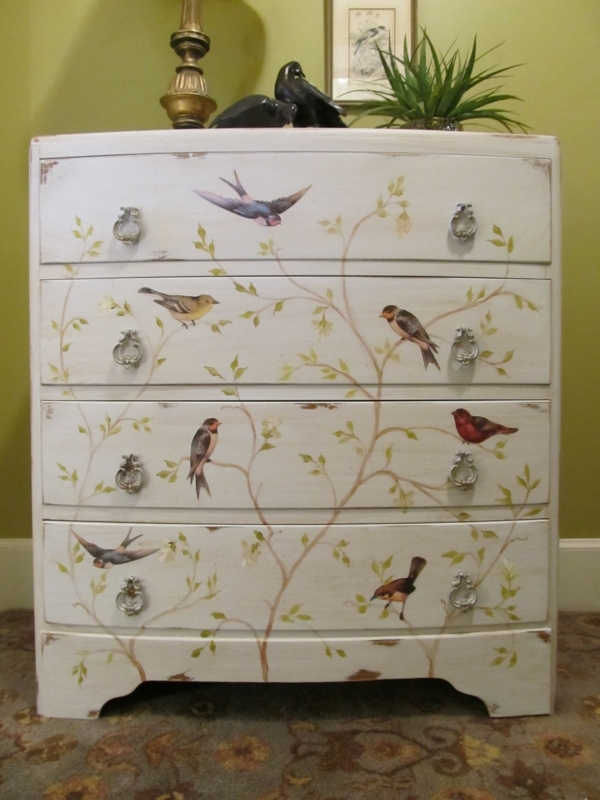 Hand Painted Chest Of Drawers with Bird Motif and Bowed Front
