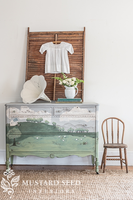 Hand Painted Dresser with Pastoral Landscape Mural and Glass Knobs
