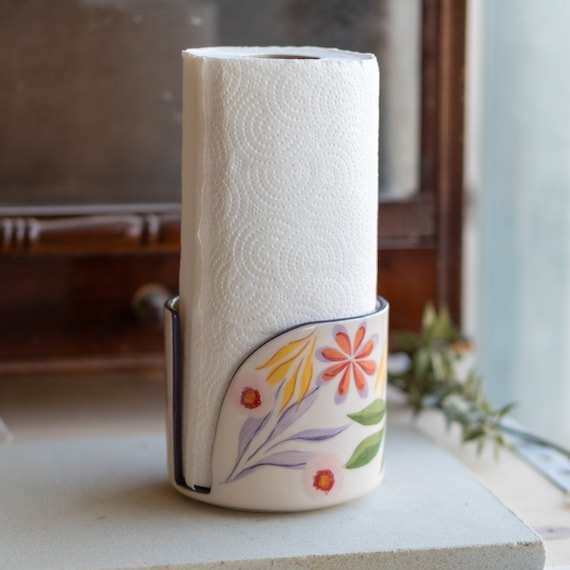 Hand-Painted Floral Ceramic Paper Towel Holder Cottagecore Artisan