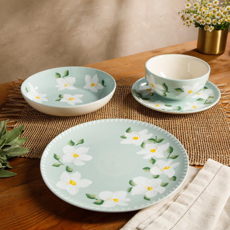 Hand Painted Magnolia Dinnerware Set, Stoneware Nesting Bowls