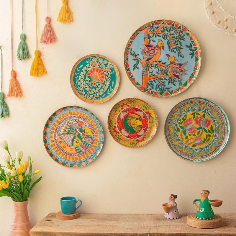 Hand Painted Metal Wall Plates with Madhubani Artwork and Vibrant Palette
